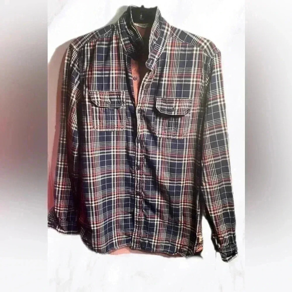 Lee Cooper salmon and  blue plaid stripe long sleeve button shirt M - Picture 2 of 4